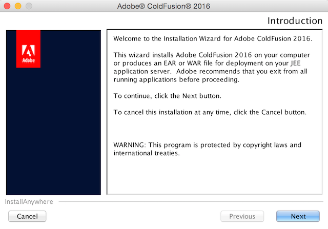 ColdFusion 2016 installation screen 1