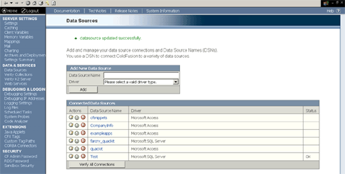 ColdFusion Data Sources  screen