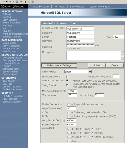 ColdFusion Data Sources SQL Server details screen
