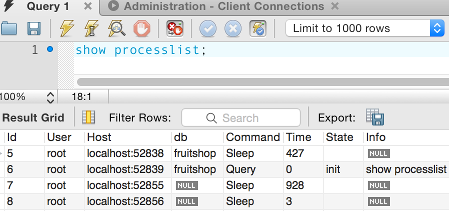 Screenshot of running the processlist command in the query tab