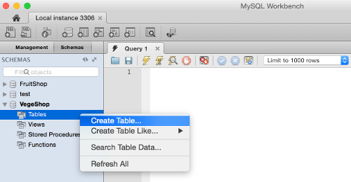 Screenshot of the Create Table option