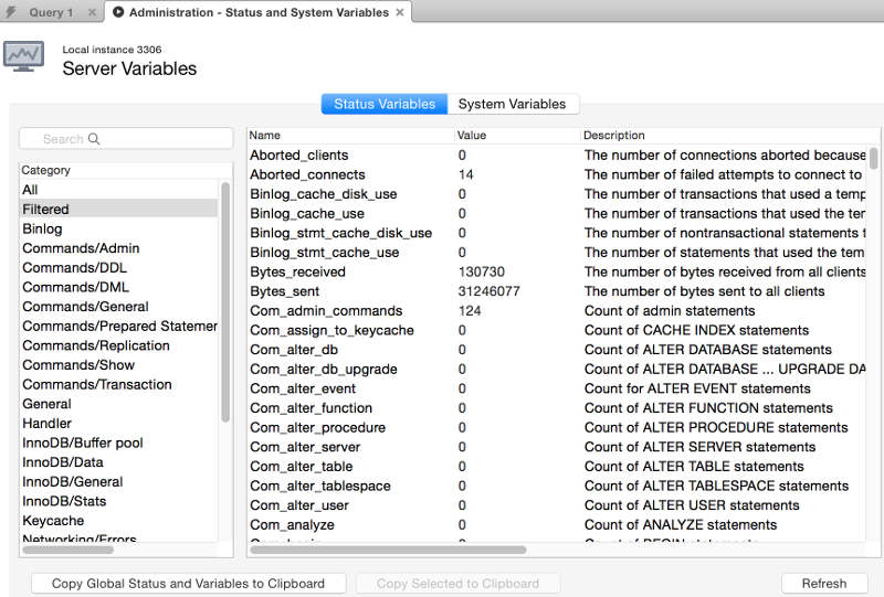 Screenshot of the Status and System Variables tab using the MySQL Workbench GUI