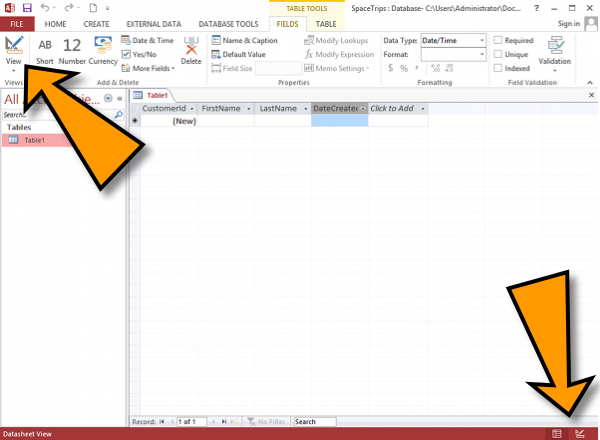 Screenshot of an Access table in Datasheet view, highlighting the two View icons.