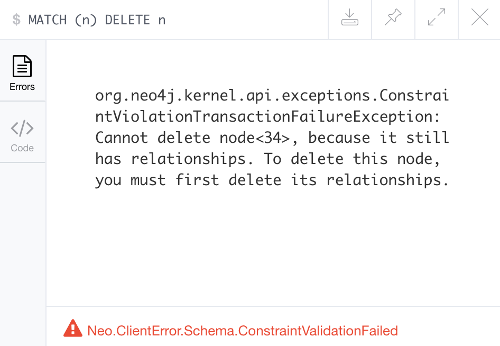 Screenshot of error message from trying to delete a node with relationships.