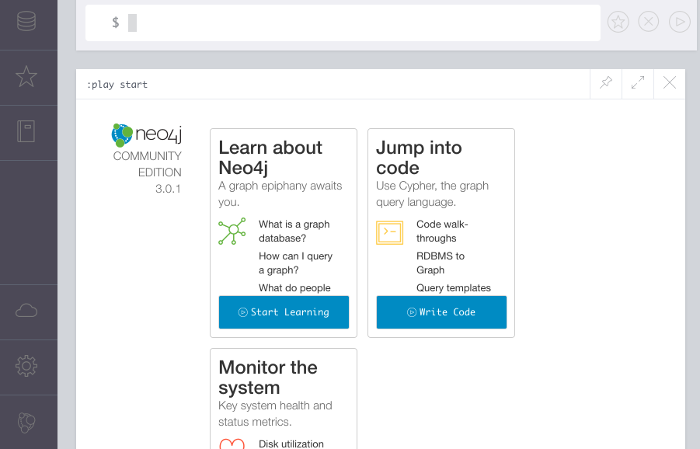Screenshot of the Neo4j browser start screen