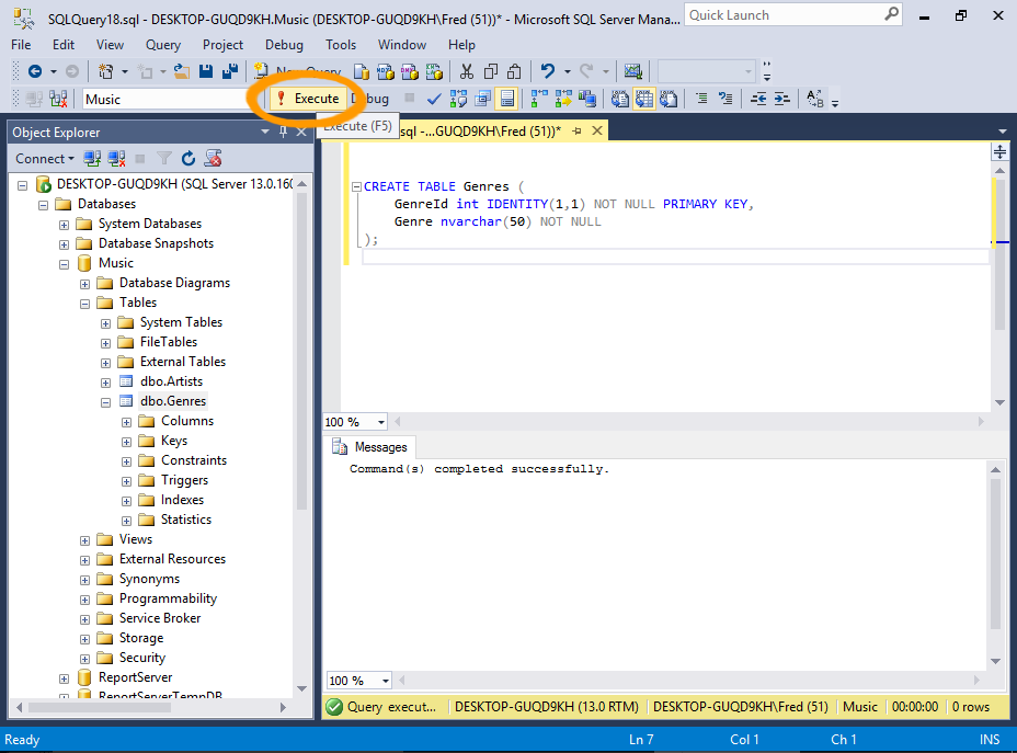 SQL Server 2016 Create a Table from an SQL Script