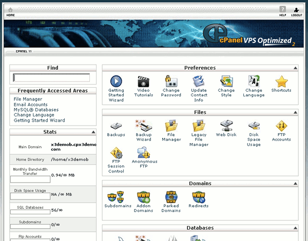 Web hosting control panel using a Graphical User Interface (GUI)